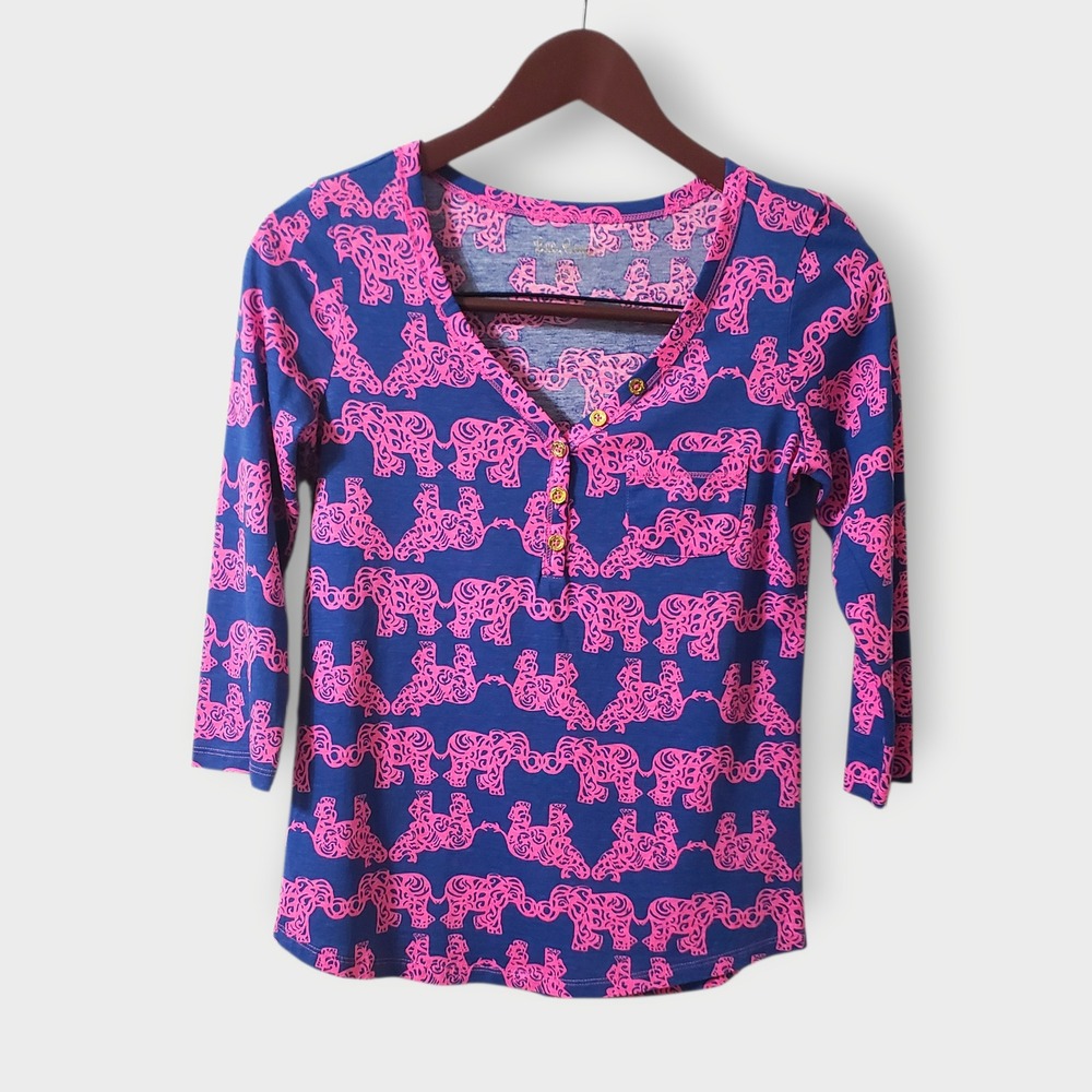 Lilly Pulitzer Palmetto Blue Pink Elephant Print Pima Cotton Henley Top Sz XS